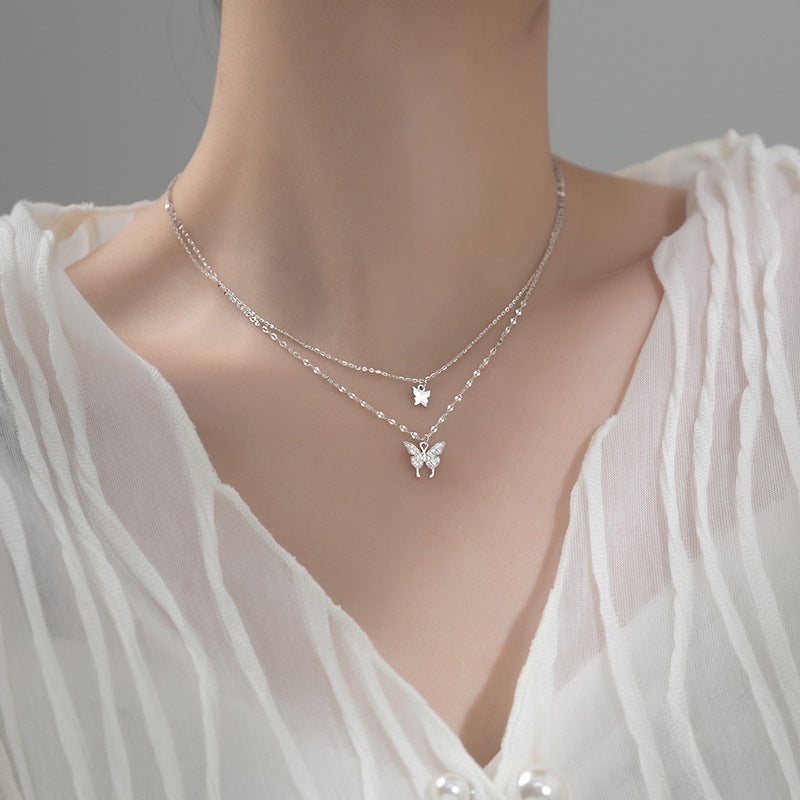 s925 Double Butterfly Pendant Stacked Necklace